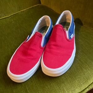 Red blue and yellow slip on canvas vans